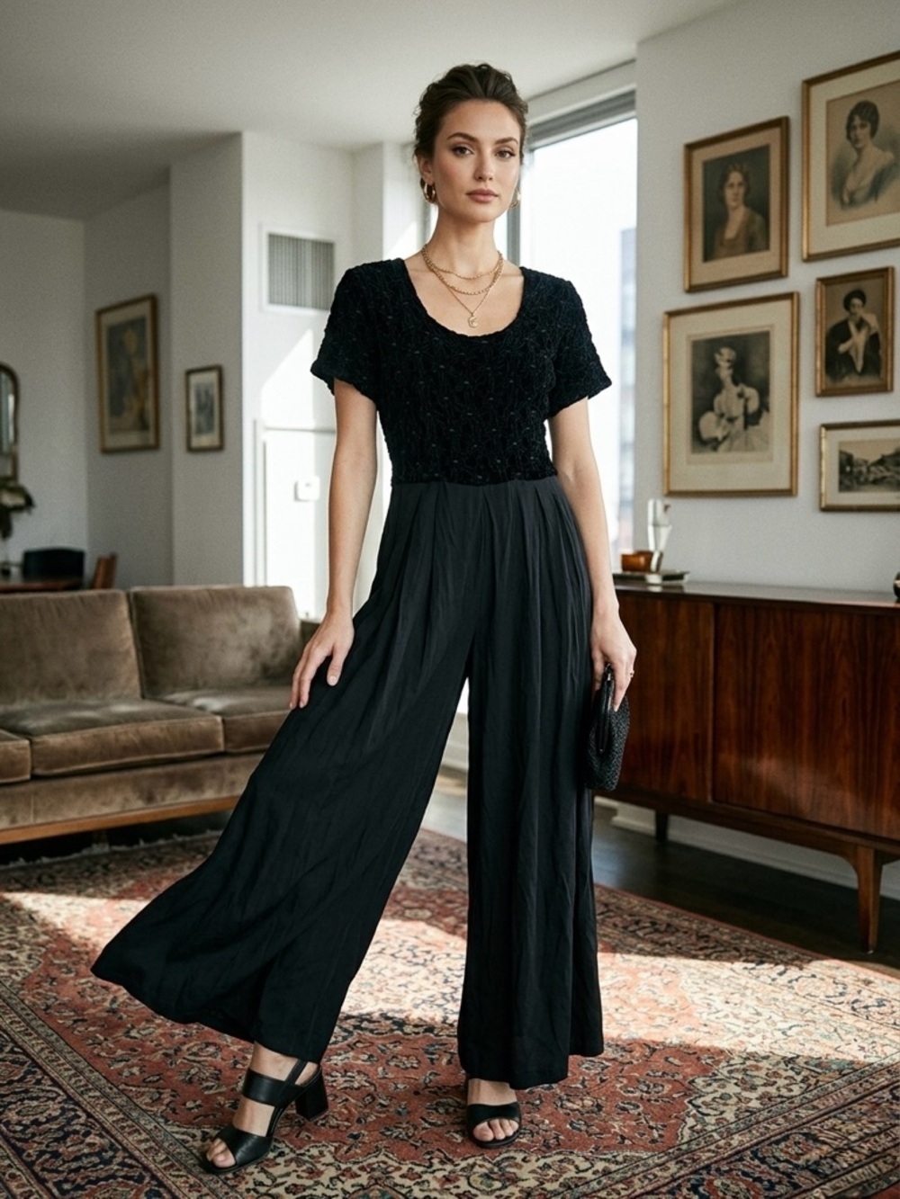 Vintage 90s Express Compagnie Internationale Smocked Velvet Wide Leg Jumpsuit